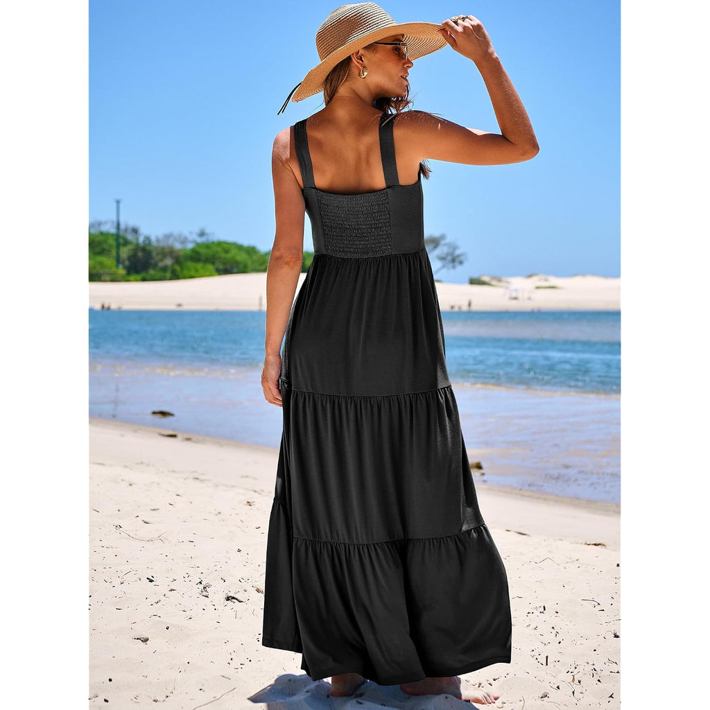 Anrabess Women'S Summer Casual Long Maxi Beach Vacation Dresses Sleeveless Square Neck Flowy Tiered Sun Dress With Pockets