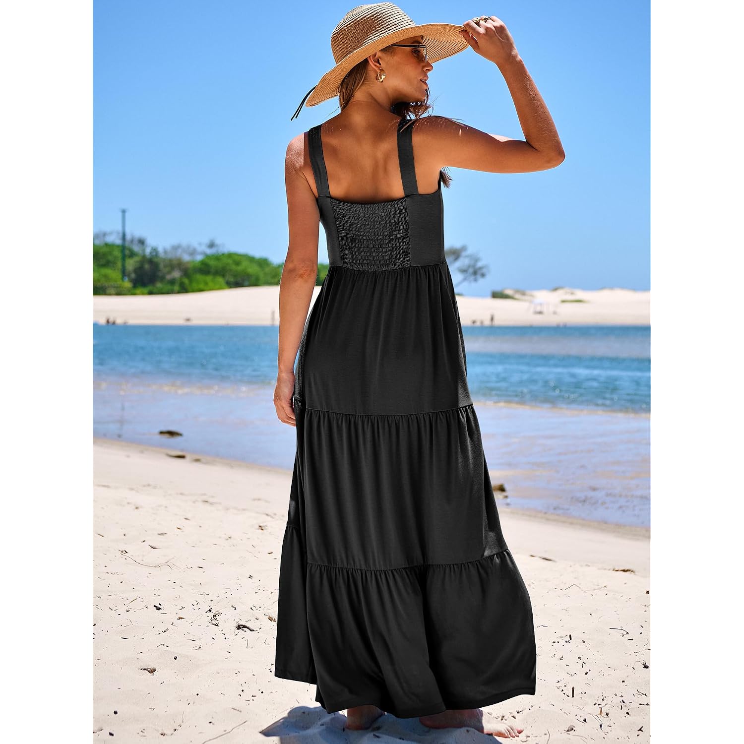 Anrabess Women'S Summer Casual Long Maxi Beach Vacation Dresses Sleeveless Square Neck Flowy Tiered Sun Dress With Pockets