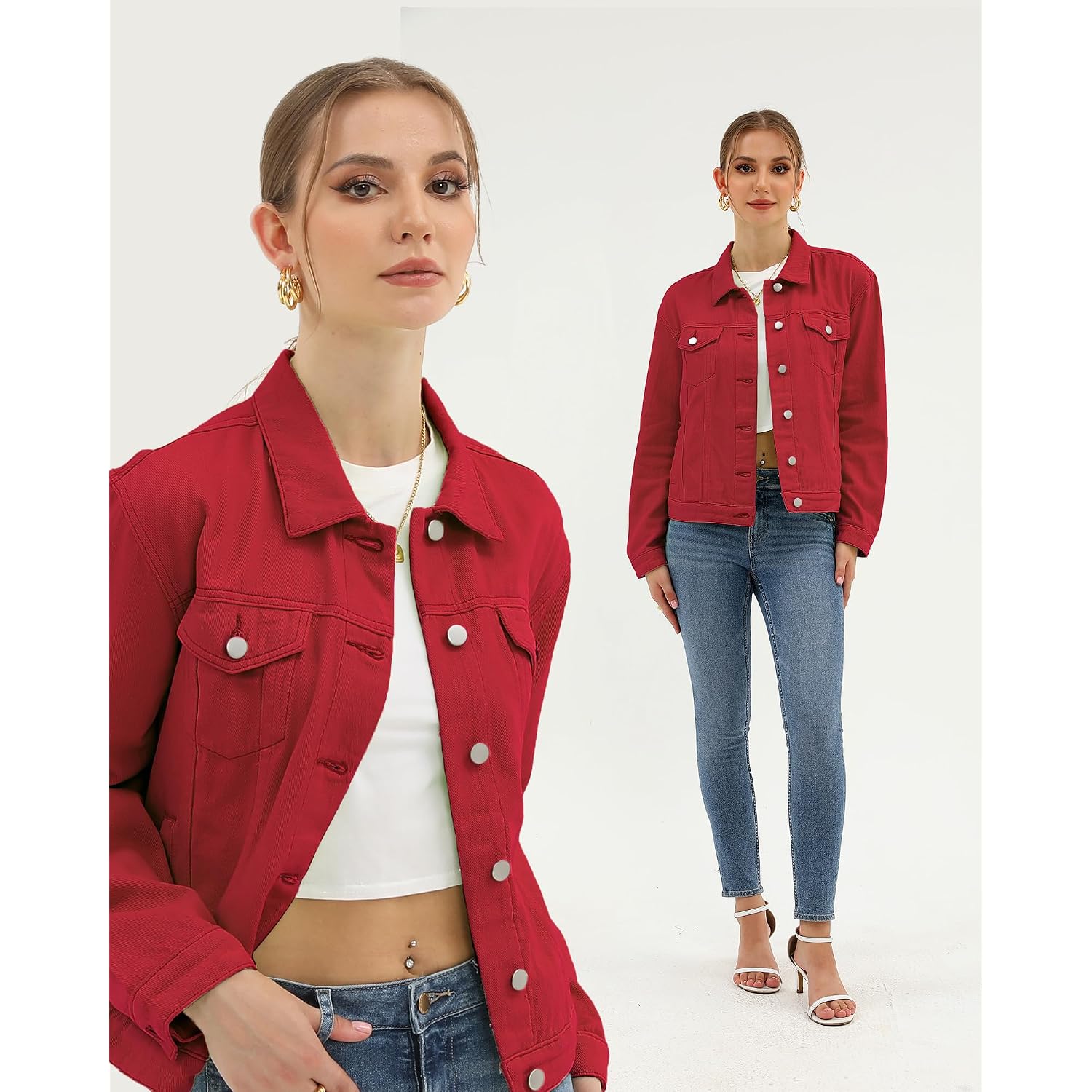 Women Denim Jacket Button Up Long Sleeve With Inner Pockets