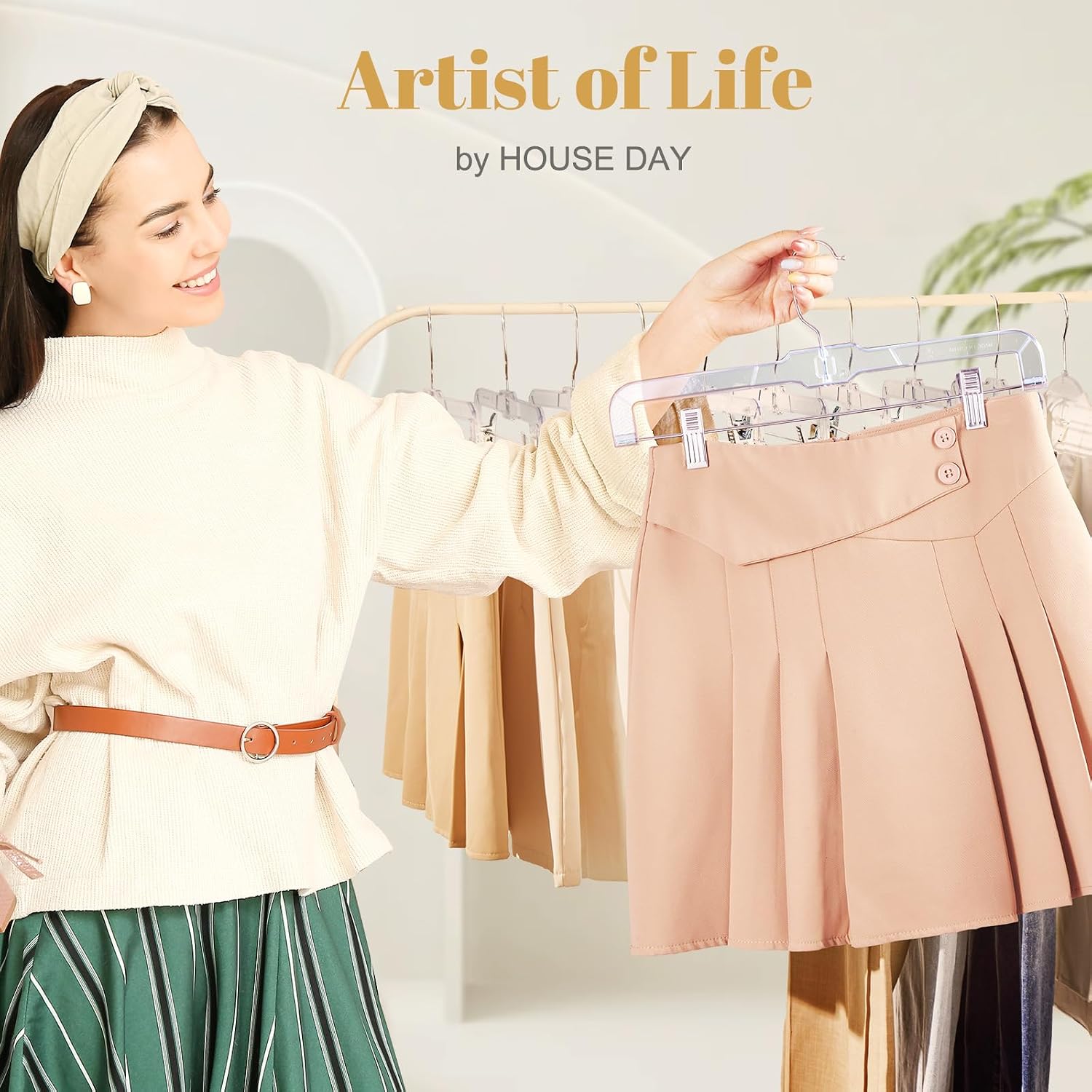 House Day 12 Pack 14 Inch Clear Plastic Skirt Hangers With Adjustable Clips, Pants Hangers 360-Rotating Swivel Hook, Clip Hangers For Pants, Trousers, Skirts, Jeans, Bulk Plastic Hangers
