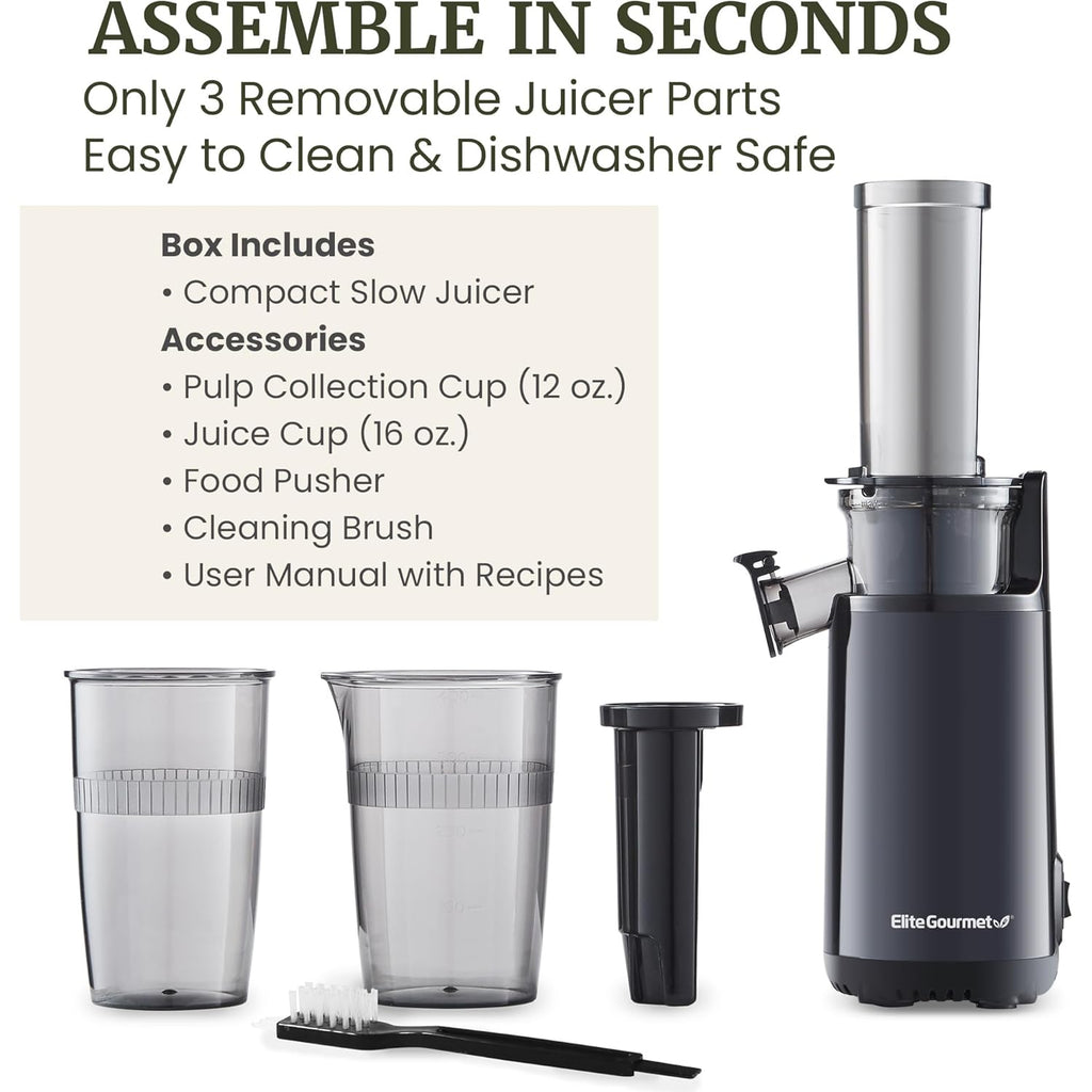 Elite Gourmet EJX600 Mini Compact Small Space-Saving Masticating Slow Juicer Cold Press Juice Extractor, Nutrient and Vitamin Dense, BPA-Free Tritan, Easy to Clean, 16 oz Juice Cup, Charcoal Grey