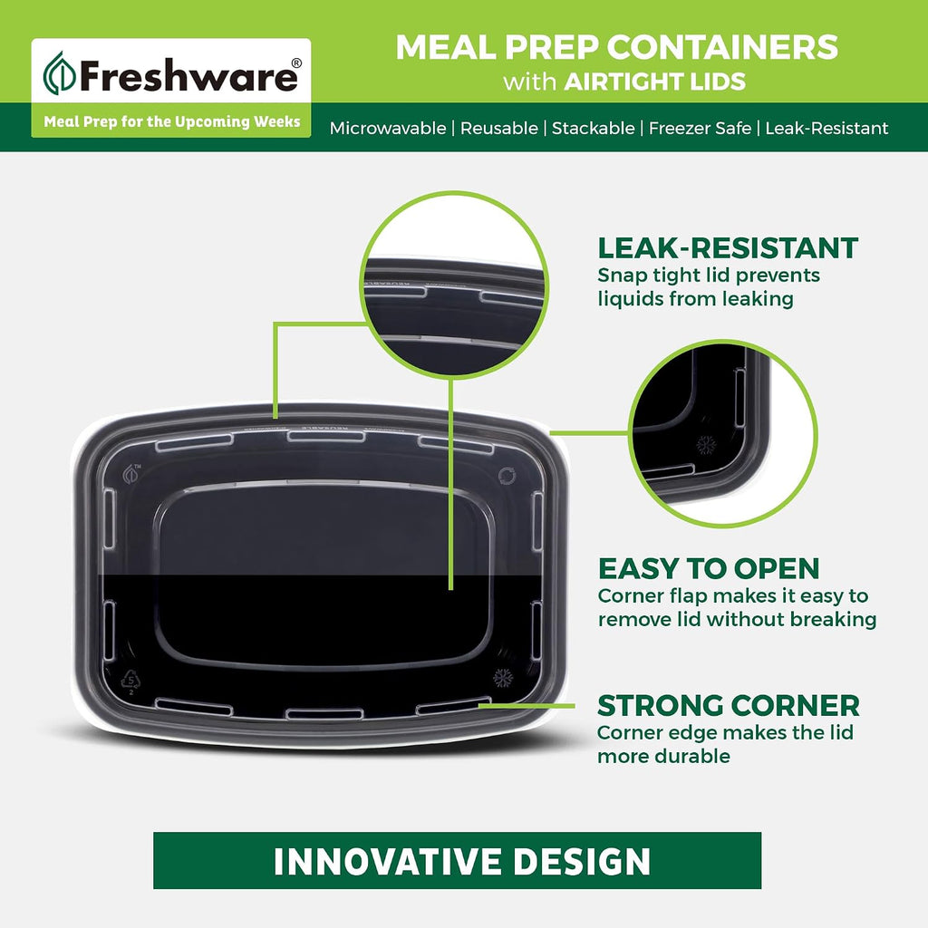 Freshware Meal Prep Containers [50 Pack] 1 Compartment With Lids, Food Storage Containers, Bento Box, Bpa Free, Stackable, Microwave/Dishwasher/Freezer Safe (24 Oz)