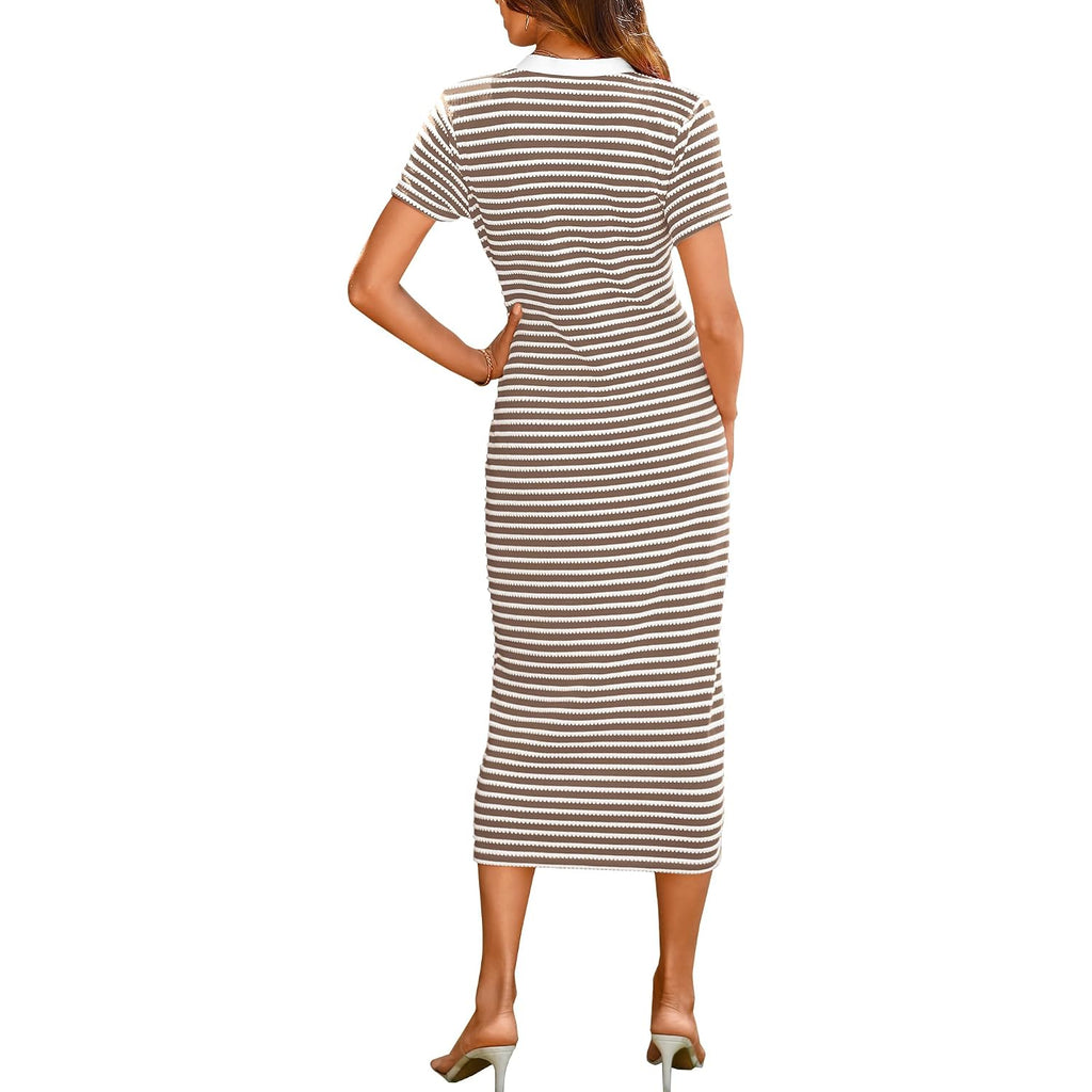 Btfbm Women Casual Summer Dresses Short Sleeve Striped Midi Dresses Decorative Button Ribbed Knit Dresses Party Dresses