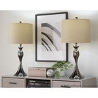 Ashland 27" Contemporary Metal Table Lamp In Gun Metal With Light Grey Textured Slub Linen Shade - Set Of 2, Desk Lamp, Bedside Lamps, Nightstand Lamp, Small Table Lamps For Living Room Set Of 2