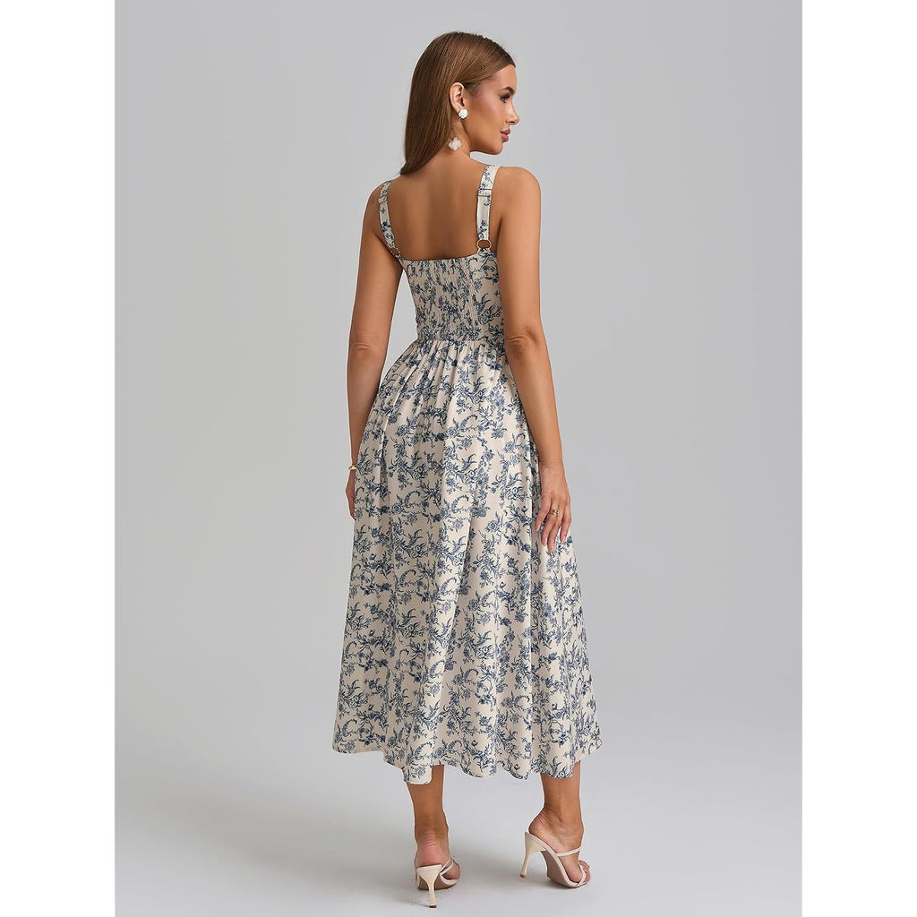 Kutumai Floral Corset Midi Dress Flowy Slit Summer Spring Wedding Guest Dresses For Women Sundress With Pockets