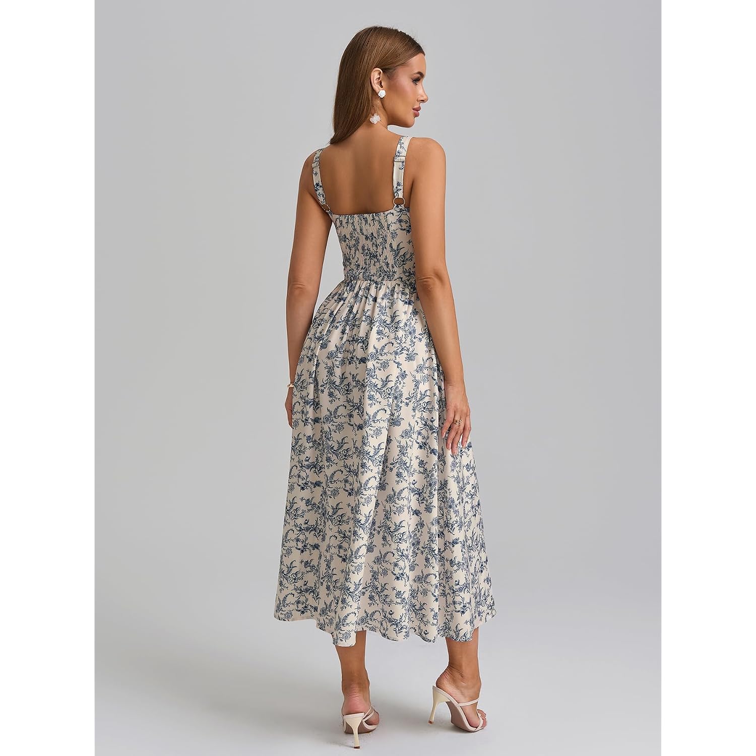 Kutumai Floral Corset Midi Dress Flowy Slit Summer Spring Wedding Guest Dresses For Women Sundress With Pockets