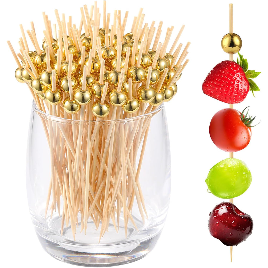 200 Pcs Cocktail Picks, Gold Plastic Ball Decor Skewer for Appetizers, Fruit, Kebabs, Mini Burger, Bamboo Skewers for Drinks, Handheld Toothpicks, Food Sticks Natural, Kitchen Gadget