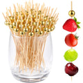 200 Pcs Cocktail Picks, Gold Plastic Ball Decor Skewer for Appetizers, Fruit, Kebabs, Mini Burger, Bamboo Skewers for Drinks, Handheld Toothpicks, Food Sticks Natural, Kitchen Gadget