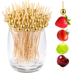 200 Pcs Cocktail Picks, Gold Plastic Ball Decor Skewer for Appetizers, Fruit, Kebabs, Mini Burger, Bamboo Skewers for Drinks, Handheld Toothpicks, Food Sticks Natural, Kitchen Gadget