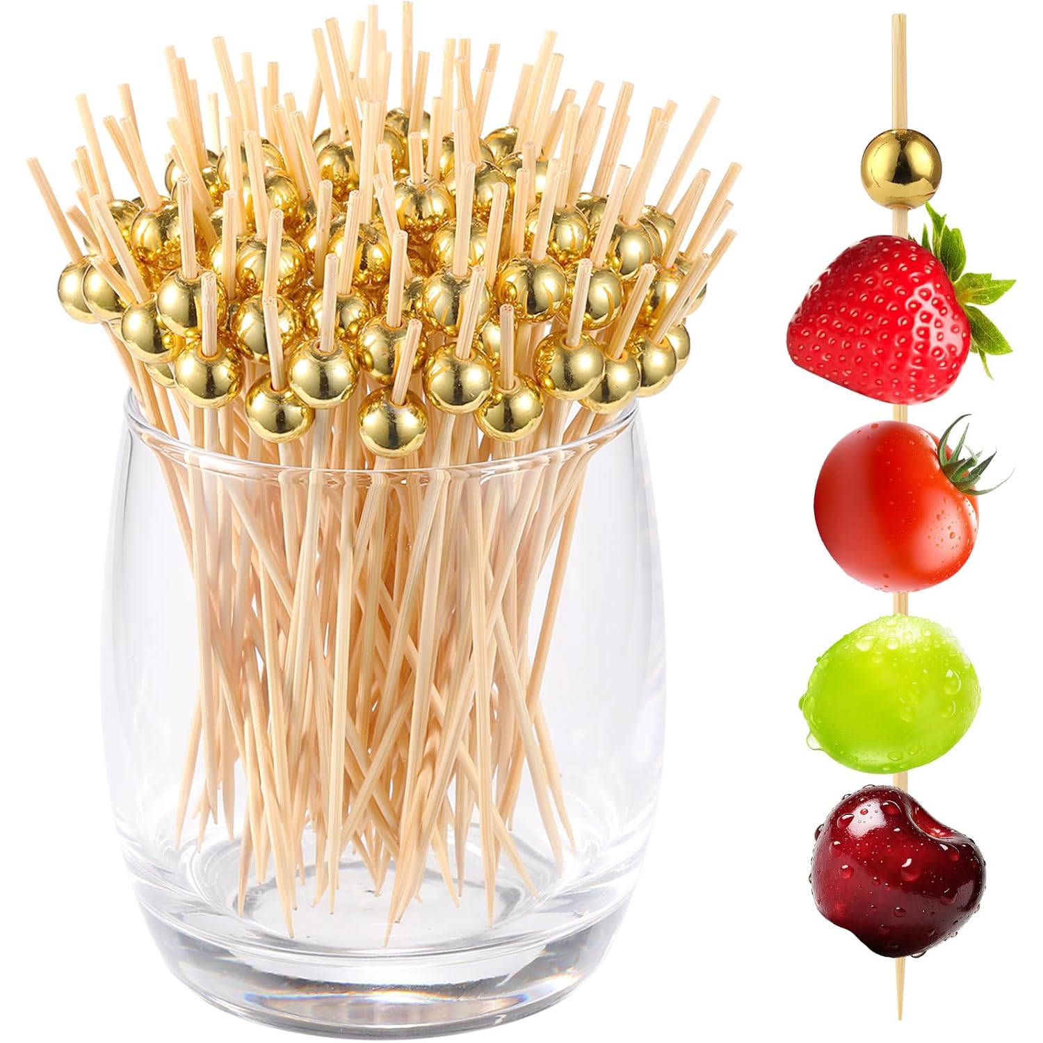 200 Pcs Cocktail Picks, Gold Plastic Ball Decor Skewer for Appetizers, Fruit, Kebabs, Mini Burger, Bamboo Skewers for Drinks, Handheld Toothpicks, Food Sticks Natural, Kitchen Gadget