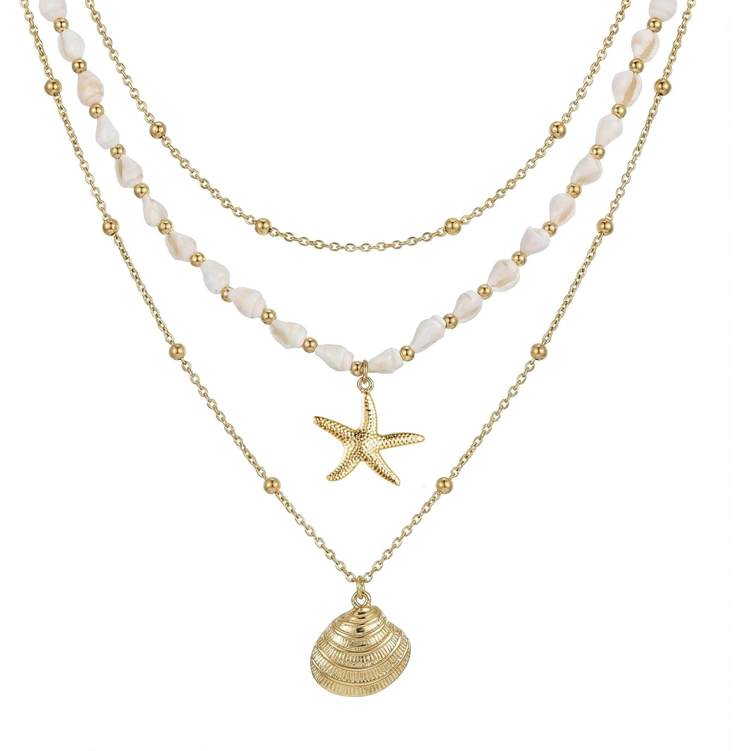 Seashell Starfish Necklace for Women Conch Shell Summer Pearl Beach 14k Gold Layered Dainty Choker