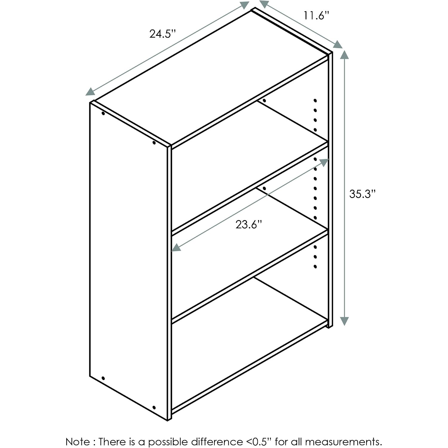 Furinno Wright Book Shelf, 3-Tier Modern Bookshelf, Bookcase With Closed Back, 11.6" X 24.5" X 35.3", For Living Room, Bedroom, Home Office, Soft White