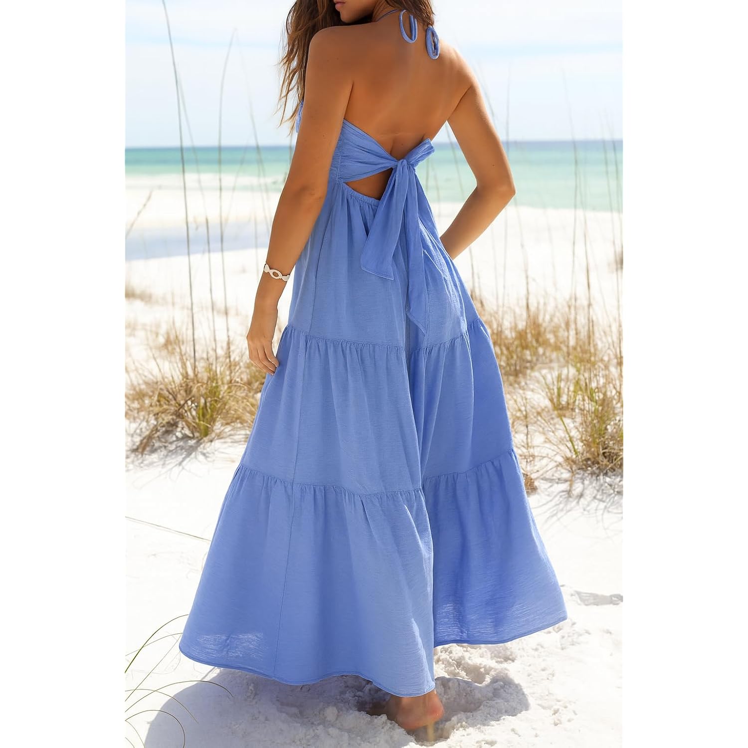 Women'S Casual Halter Tiered Vacation Maxi Dress With Pockets