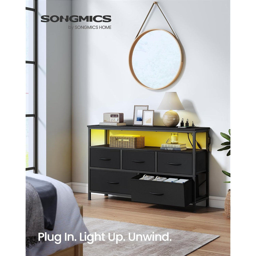 Songmics Bellah Collection - Dresser For Bedroom With App-Controlled Led Lights And Charging Station, Chest Of Drawers, Tv Stand, 5 Drawers, Shelf, Modern, Ink Black Ulgs723Bh02S