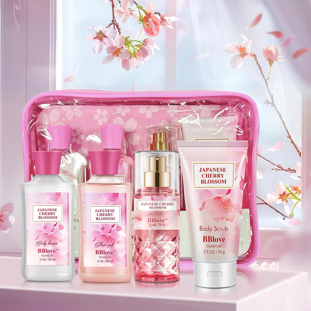 Bath And Body Gift Set For Women And Girls, 4Pc Travel Size Self Care Spa Kit With Body Scrub, Shower Gel, Body Lotion & Mist, Japanese Cherry Blossom Floral Scent, Gift For Teens Mom Bride