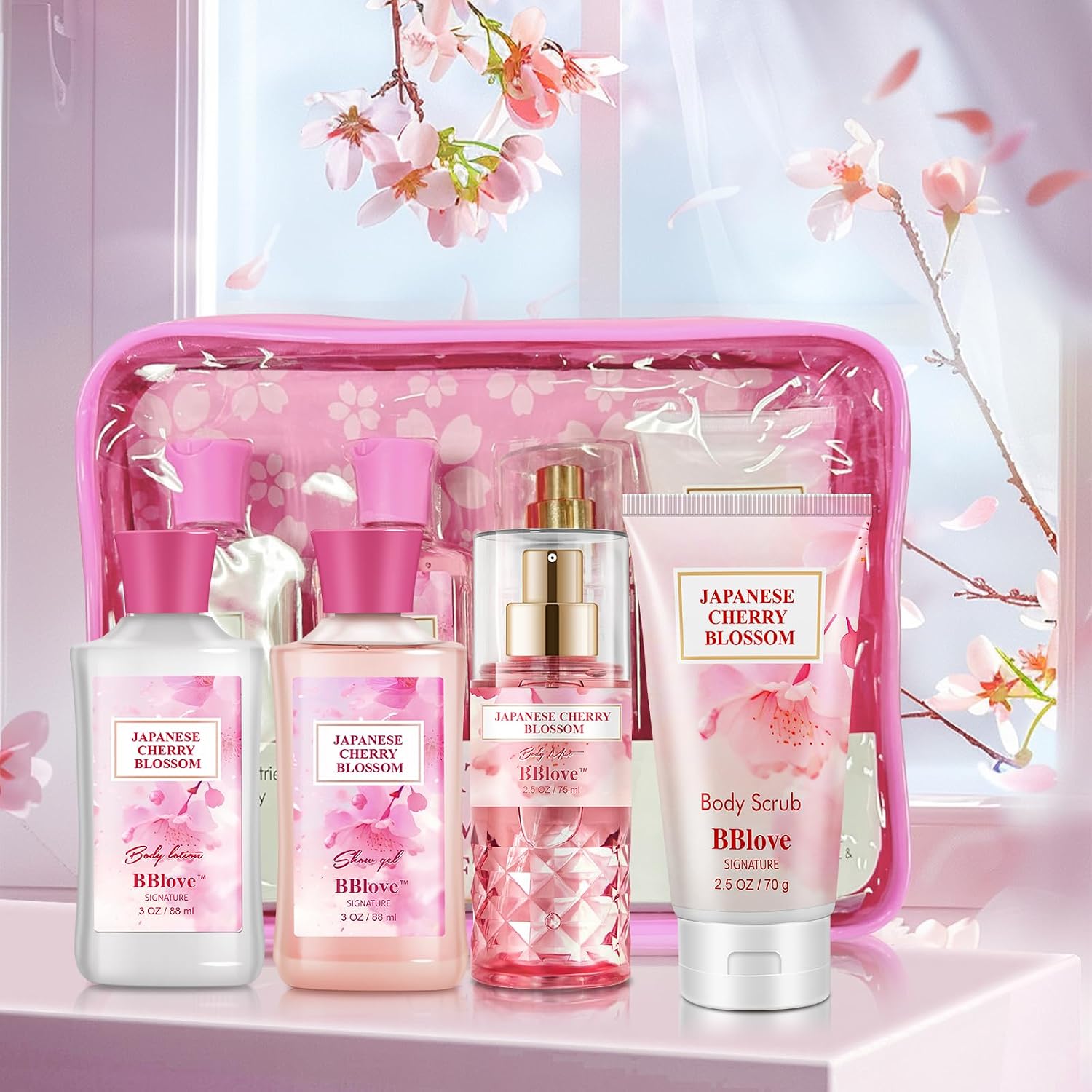 Bath And Body Gift Set For Women And Girls, 4Pc Travel Size Self Care Spa Kit With Body Scrub, Shower Gel, Body Lotion & Mist, Japanese Cherry Blossom Floral Scent, Gift For Teens Mom Bride