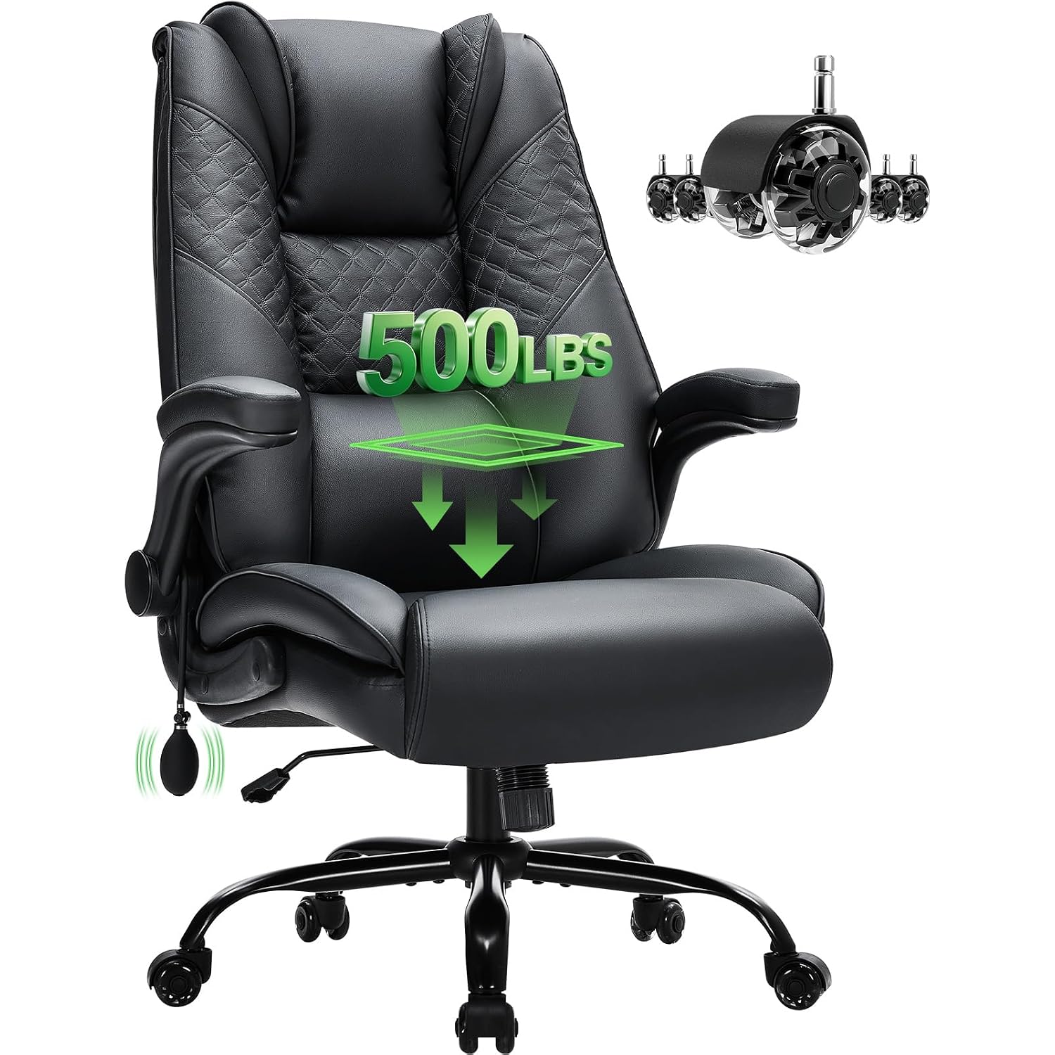 Cioman 500Lbs Big And Tall Office Chair With Inflatable Lumbar Support, Rubber Wheels Executive Chair With Rocking Function, High Back Wide Cushion Ergonomic Desk Chair For All-Day Sitting,Black