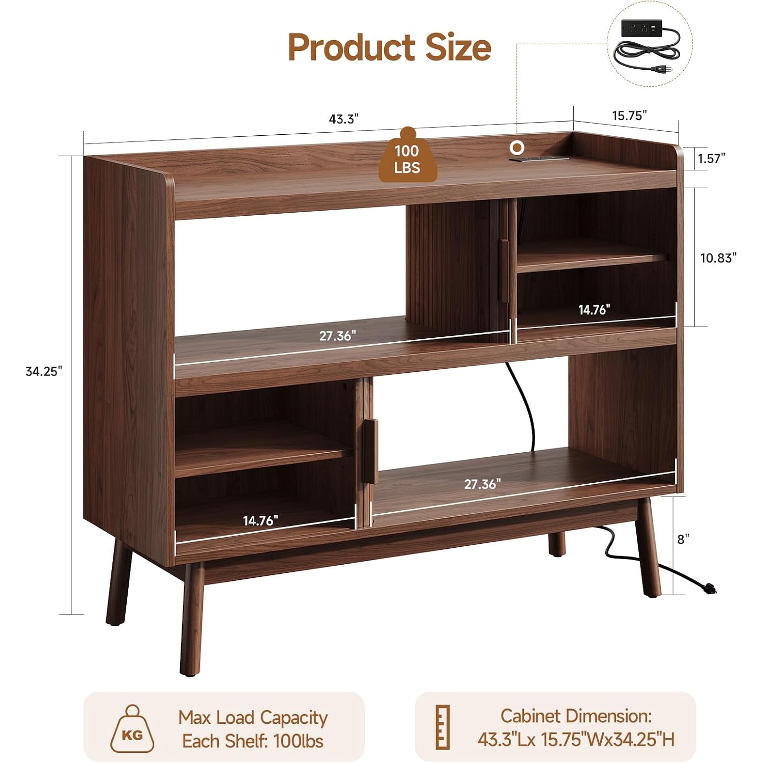 44" Sideboard Buffet Cabinet With Outlet & 2 Open Storage Spaces, Fluted Sideboard Cabinet With Sliding Door & Adjustable Shelves, Mid-Century Accent Coffee Bar Console Table With Wooden Feet