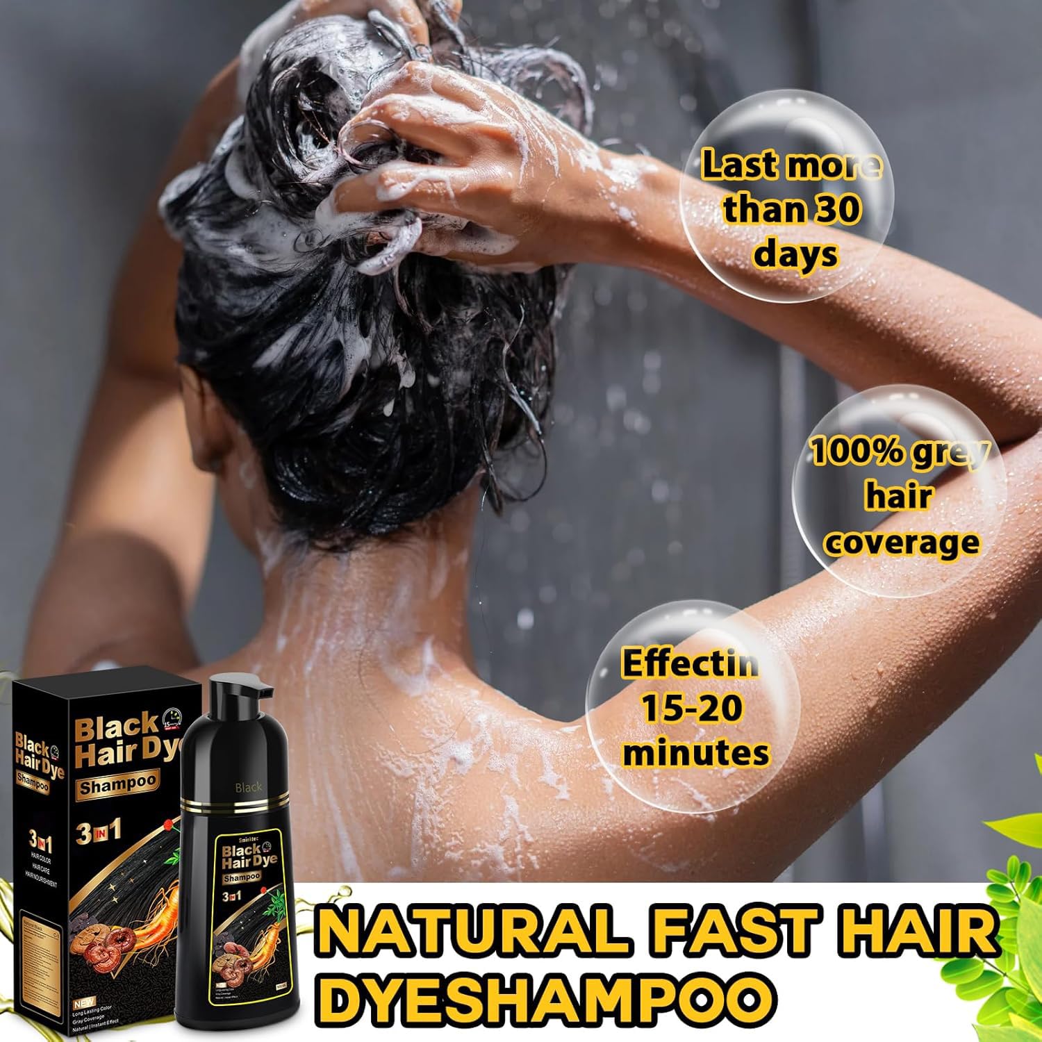 Hair Dye Shampoo 3 In 1 For Gray Hair, Herbal Ingredients Natural Shampoo Hair Dye For Women Men (Black)