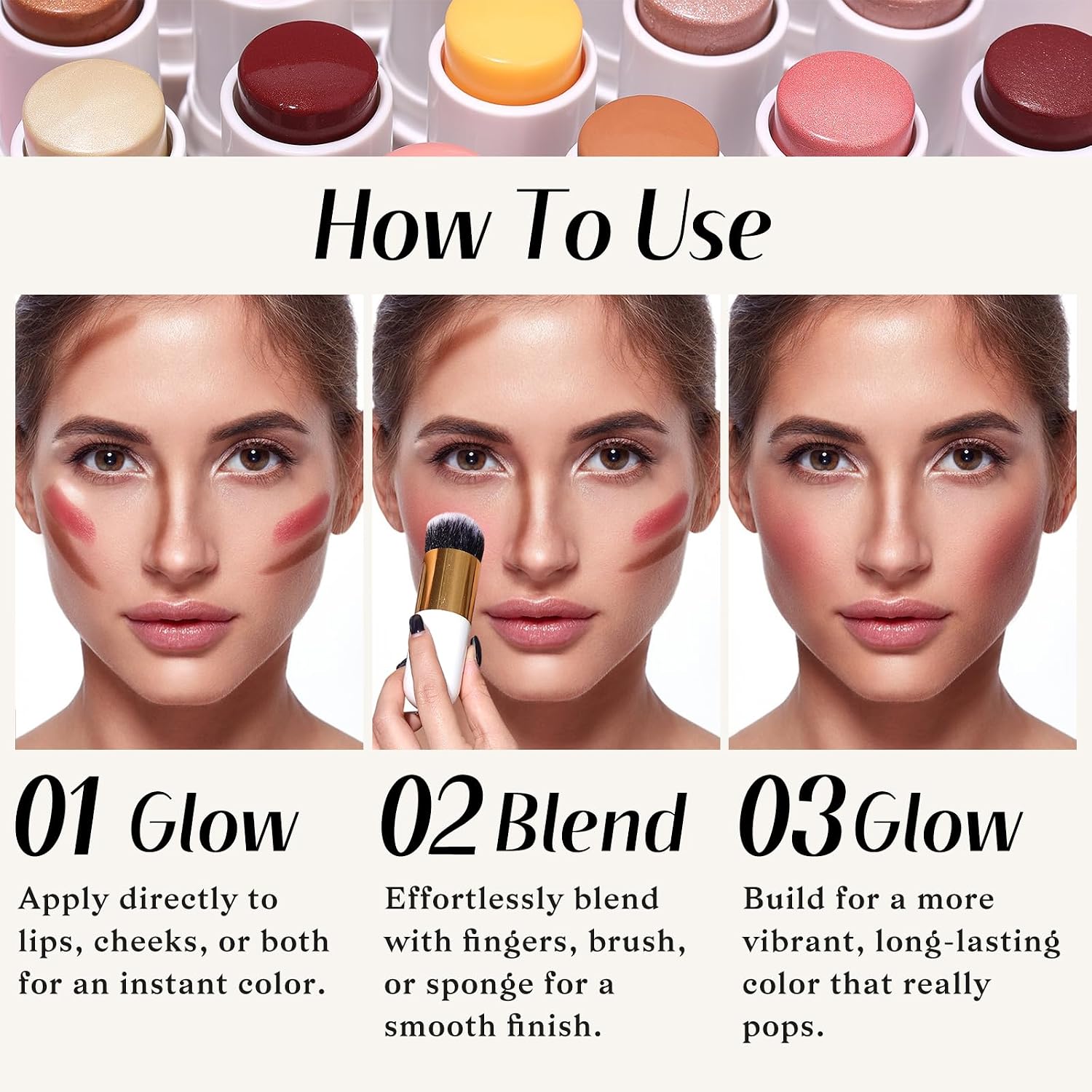 Kimuse Face Sticks Trio, Cream Blush Stick & Highlighter Stick & Contour Stick For Sculpt The Cheeks, Long Lasting Cream Contour Stick Trio For Face Makeup, With Brush
