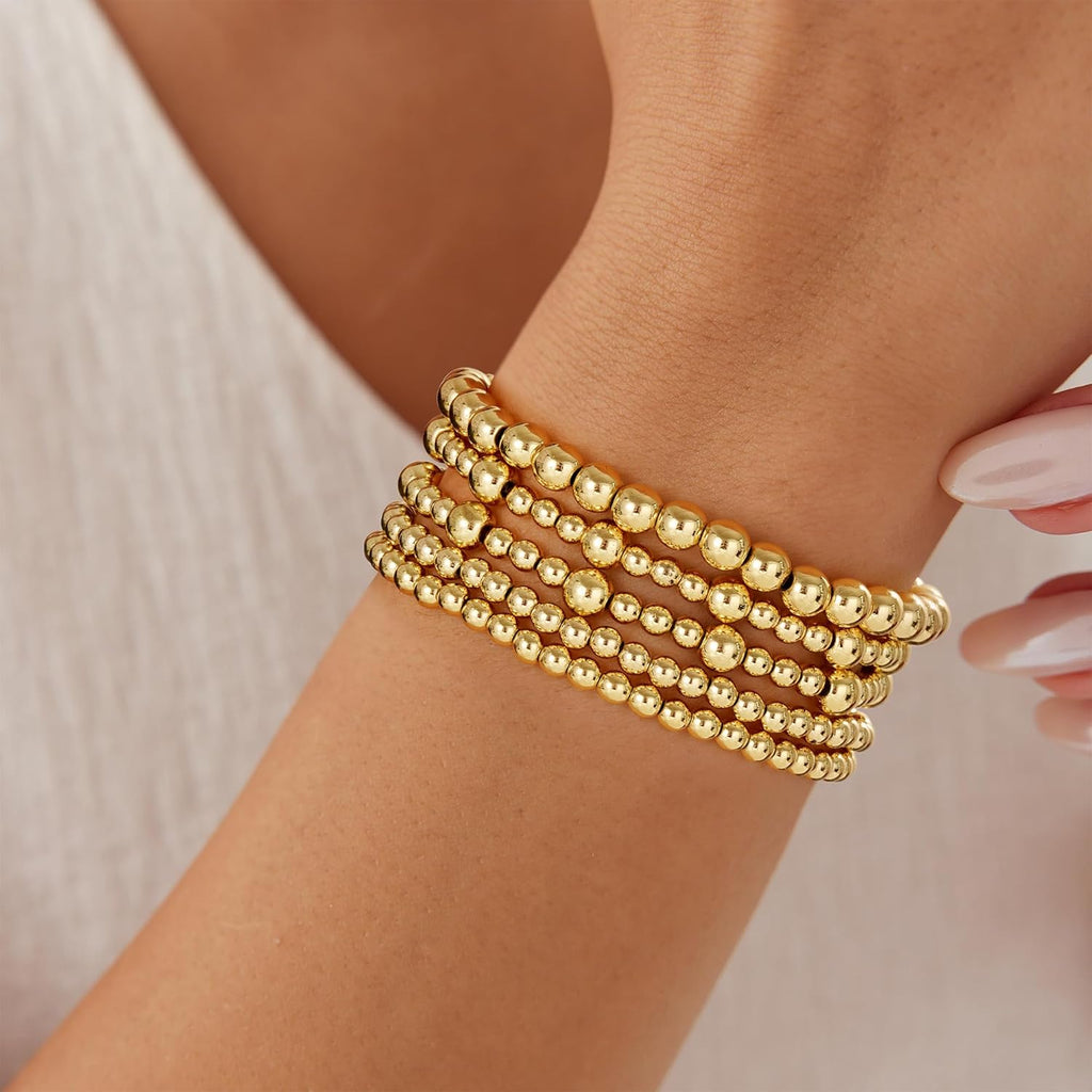 Eaciy Gold Bracelets for Women, 14K Gold Plated Beaded Bracelets Gold Strand Bead Ball Bracelet Stack Set Adjustable Bracelet Set Waterproof Jewelry for Women Gifts Non Tarnish