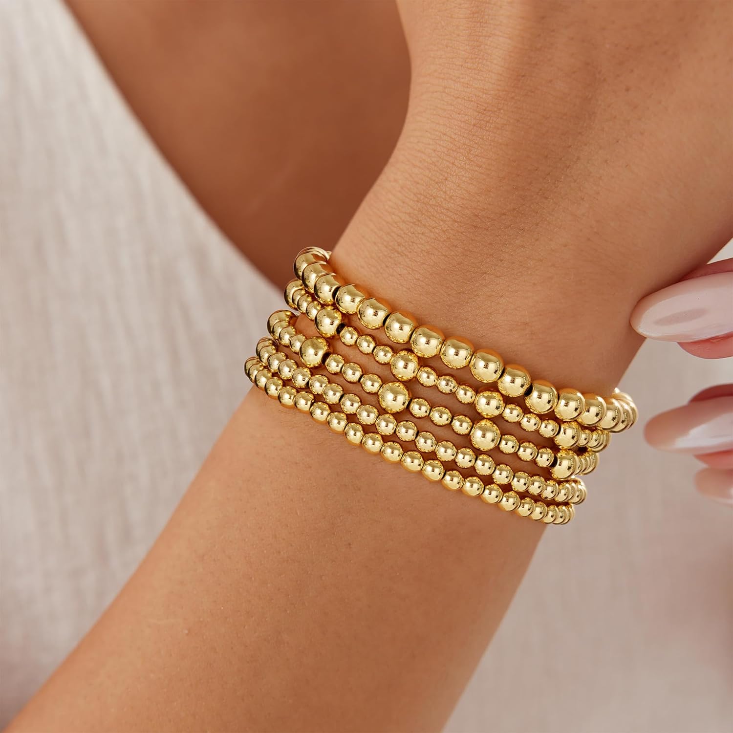 Eaciy Gold Bracelets for Women, 14K Gold Plated Beaded Bracelets Gold Strand Bead Ball Bracelet Stack Set Adjustable Bracelet Set Waterproof Jewelry for Women Gifts Non Tarnish