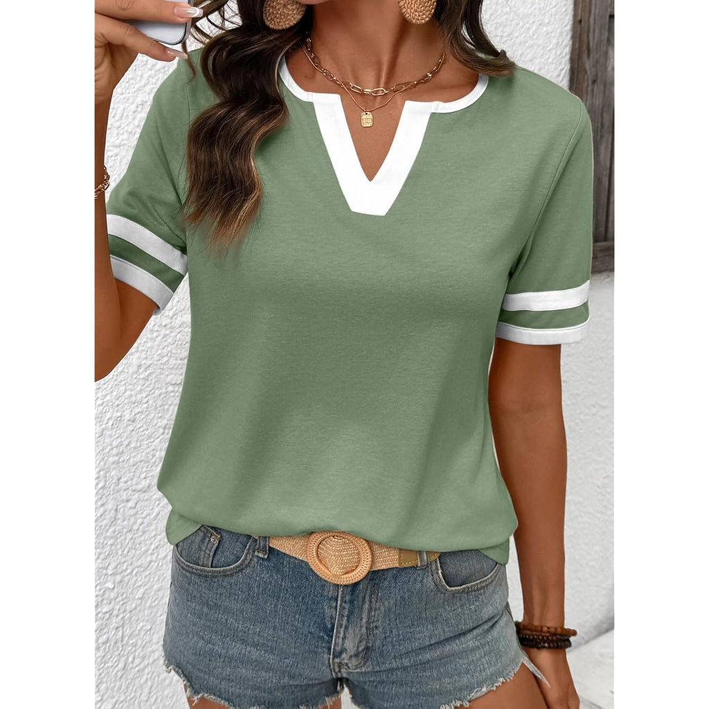 Shewin Women'S Summer Tops Cotton V Neck Short Sleeve T-Shirts Colorblock Casual Tees 2026 Clothes