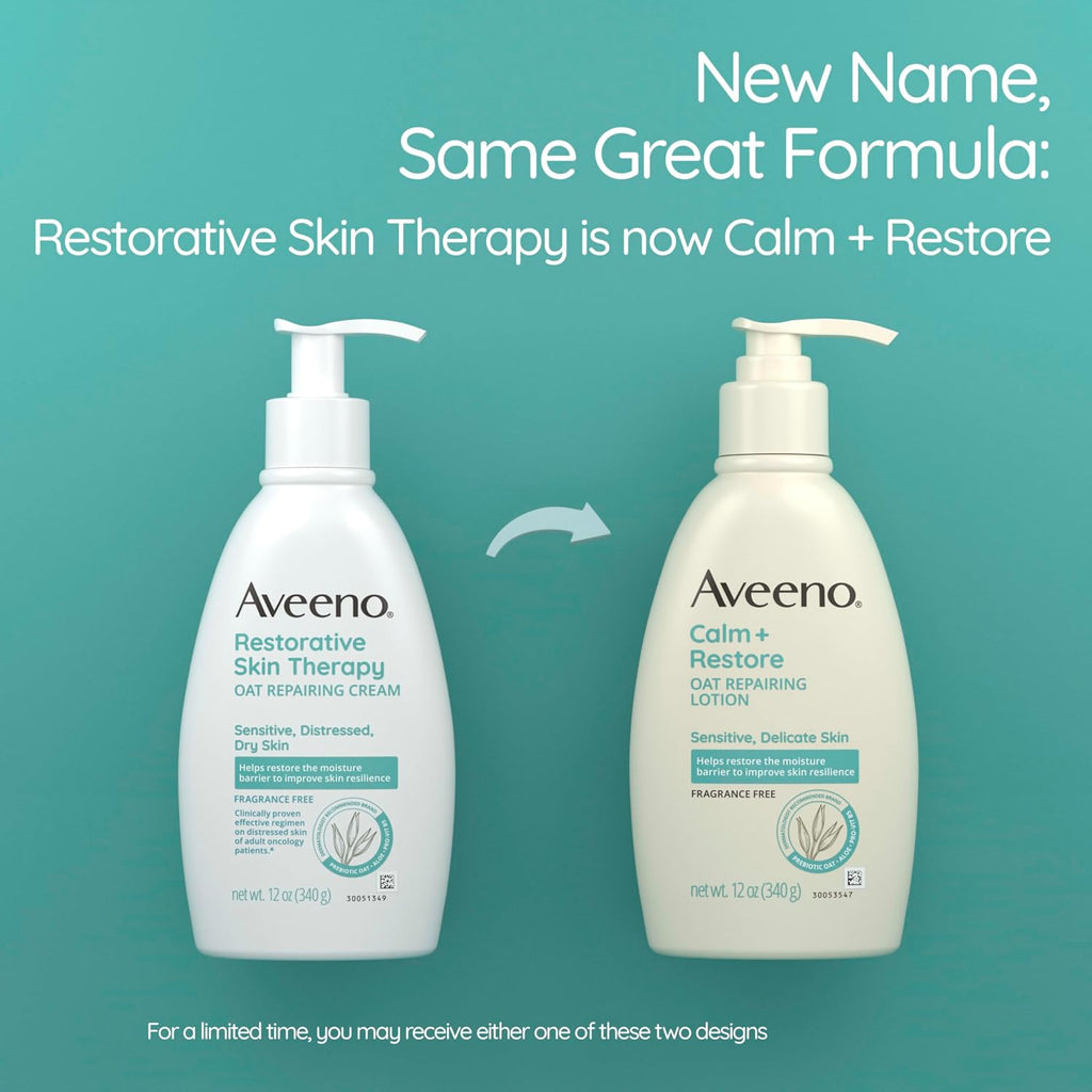 Aveeno Calm + Restore Oat Repairing Body Lotion For Sensitive Skin, Daily Moisturizer With Prebiotic Oat, Aloe & Pro-Vitamin B5, Fragrance Free Body Lotion Helps Heal Dry Skin, 12 Oz