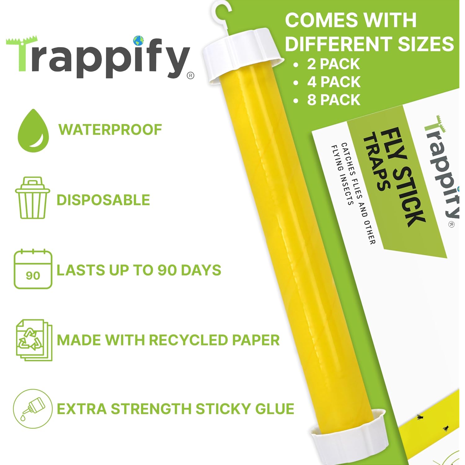 Trappify Hanging Fly Trap & Fruit Fly Traps For Indoors, Yellow, 2 Pack | Recycled Paper Stick With Ultra-Tacky Adhesive And Bait Cup, Hangs In Kitchens, Patios, Barns, Catches Flies And Gnats