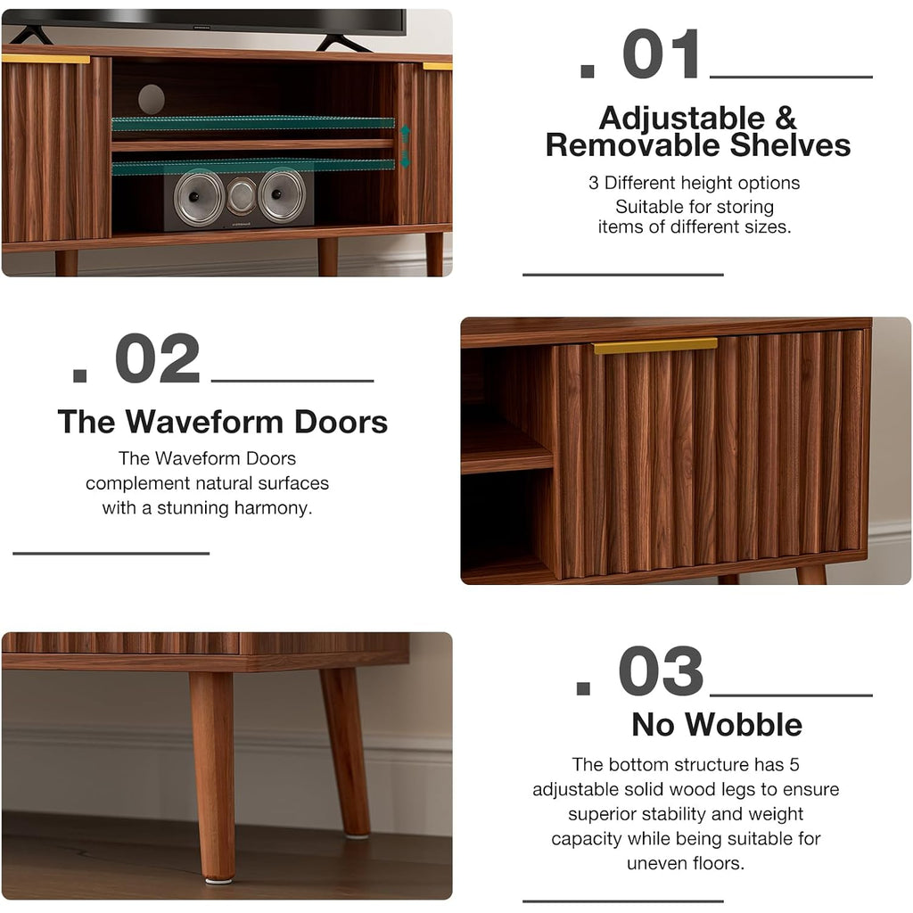 Tv Stand With Fluted Doors For Tvs Up To 65", Mid-Century, Walnut | 54.3"W X 15.3"D X 19.6"H, 150 Lbs Capacity, 2 Fluted Door Cabinets & 2 Adjustable Shelves, Cable Holes, 5 Tapered Legs