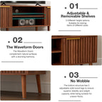Tv Stand With Fluted Doors For Tvs Up To 65", Mid-Century, Walnut | 54.3"W X 15.3"D X 19.6"H, 150 Lbs Capacity, 2 Fluted Door Cabinets & 2 Adjustable Shelves, Cable Holes, 5 Tapered Legs