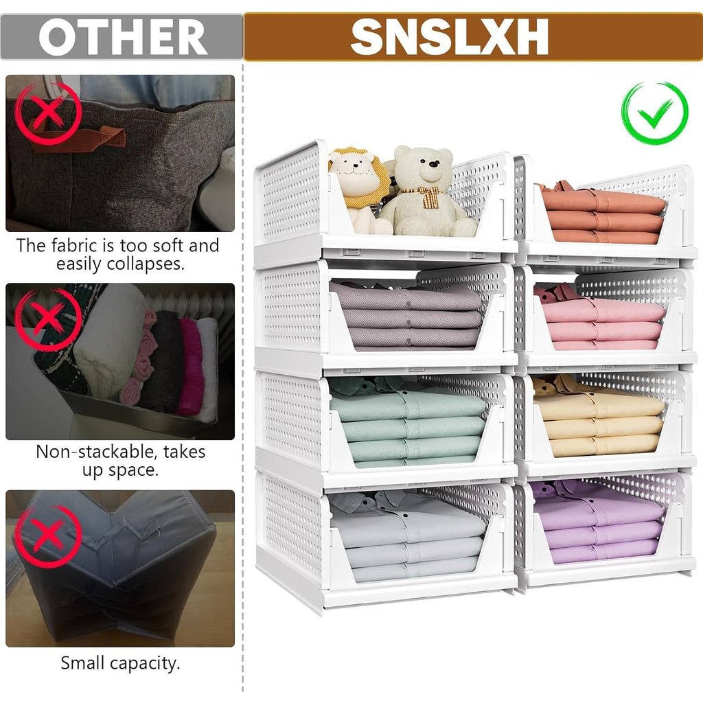 Snslxh 5 Pack Stackable Closet Storage Basket, Multifunctional & Foldable Closet Organizer For Bathroom Kitchen Laundry Room Wardrobe Storage, Space-Saving Clothes Storage Drawer Organizer, White