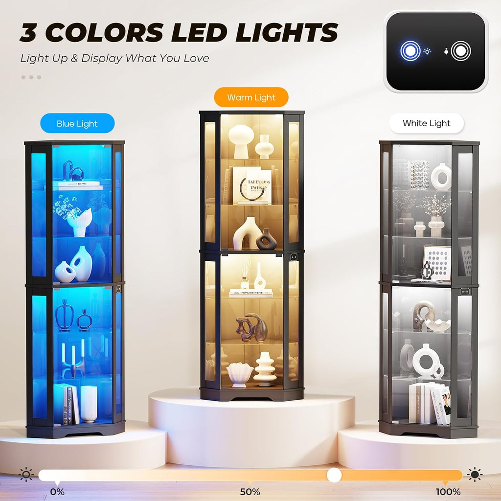 Brottar 71" Tall Corner Display Cabinet With Led Lights & Glass Shelves | 6 Tier Curio Cabinet With Glass Doors, Human Body Sensor, Showcase Display Case For Collectibles, Living Room, Black