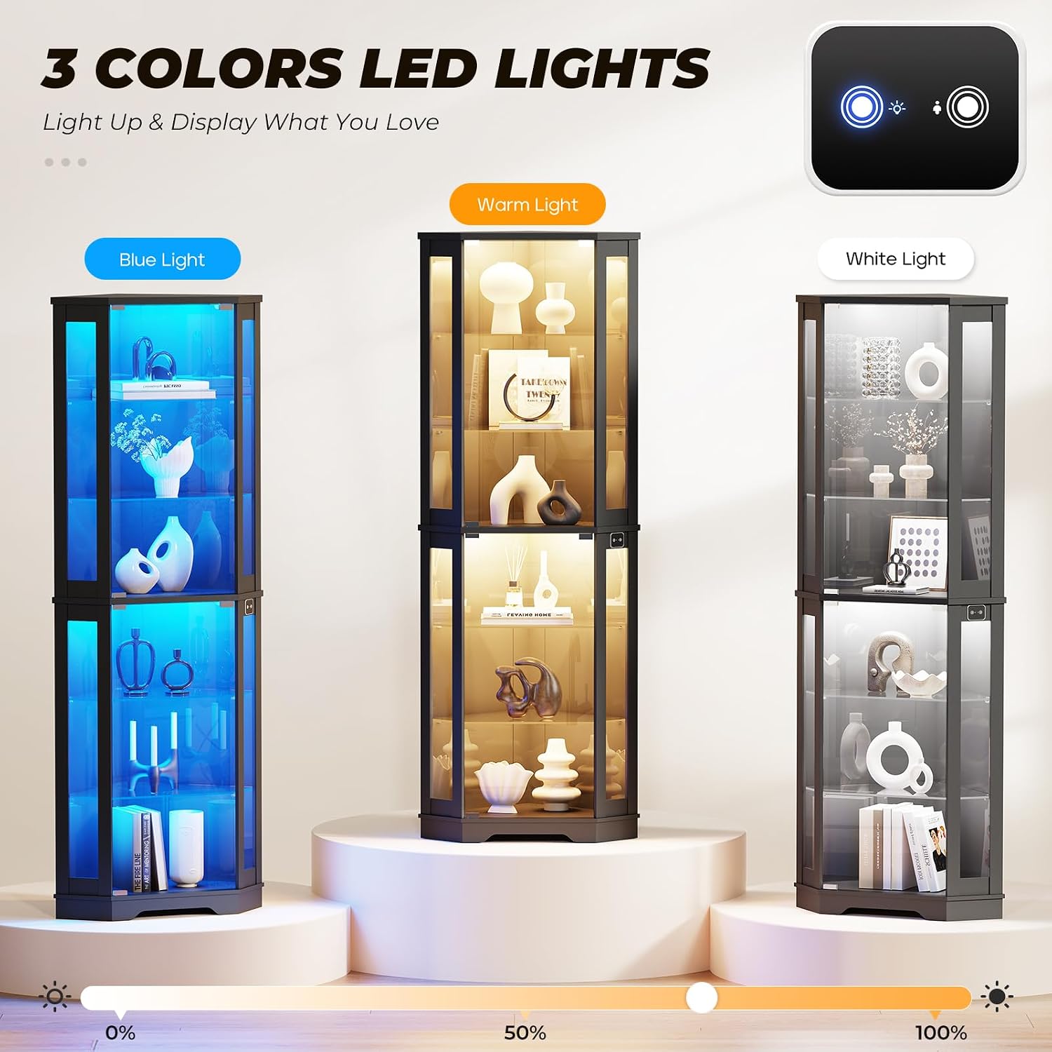 Brottar 71" Tall Corner Display Cabinet With Led Lights & Glass Shelves | 6 Tier Curio Cabinet With Glass Doors, Human Body Sensor, Showcase Display Case For Collectibles, Living Room, Black