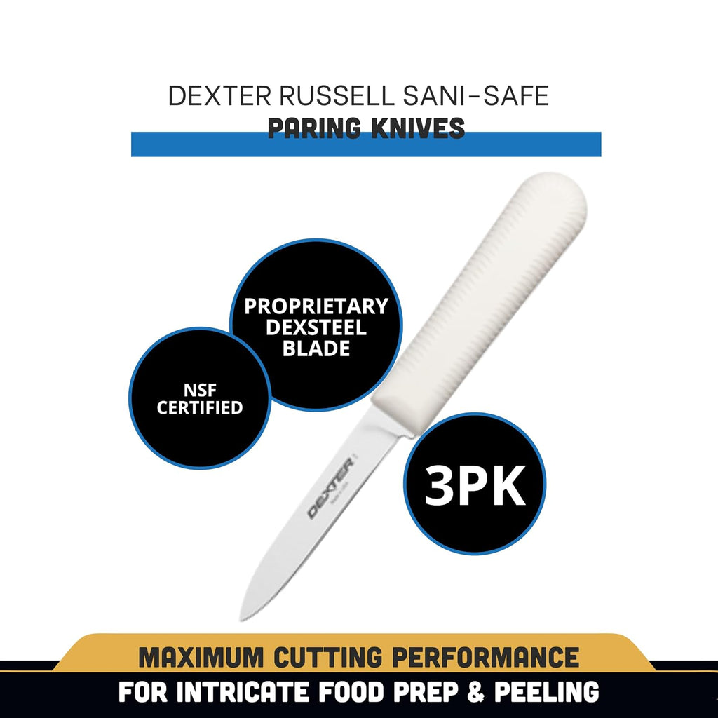 Dexter-Russell Sani-Safe 3-Pack Of 3¼" Paring Knives, Slip-Resistant White Handles, Durable Dexsteel Blades – Ideal For Precise Peeling & Carving Fruits And Vegetables, Nsf Certified