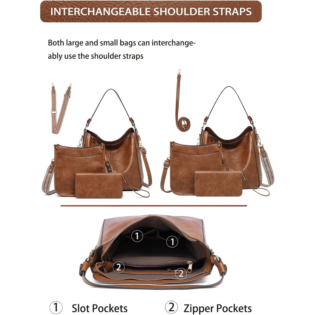 Purses for Women 3PCS, Crossbody Bags Set Large Leather Purse Shoulder Handbags with Wallet Adjustable Straps for Ladies Tote