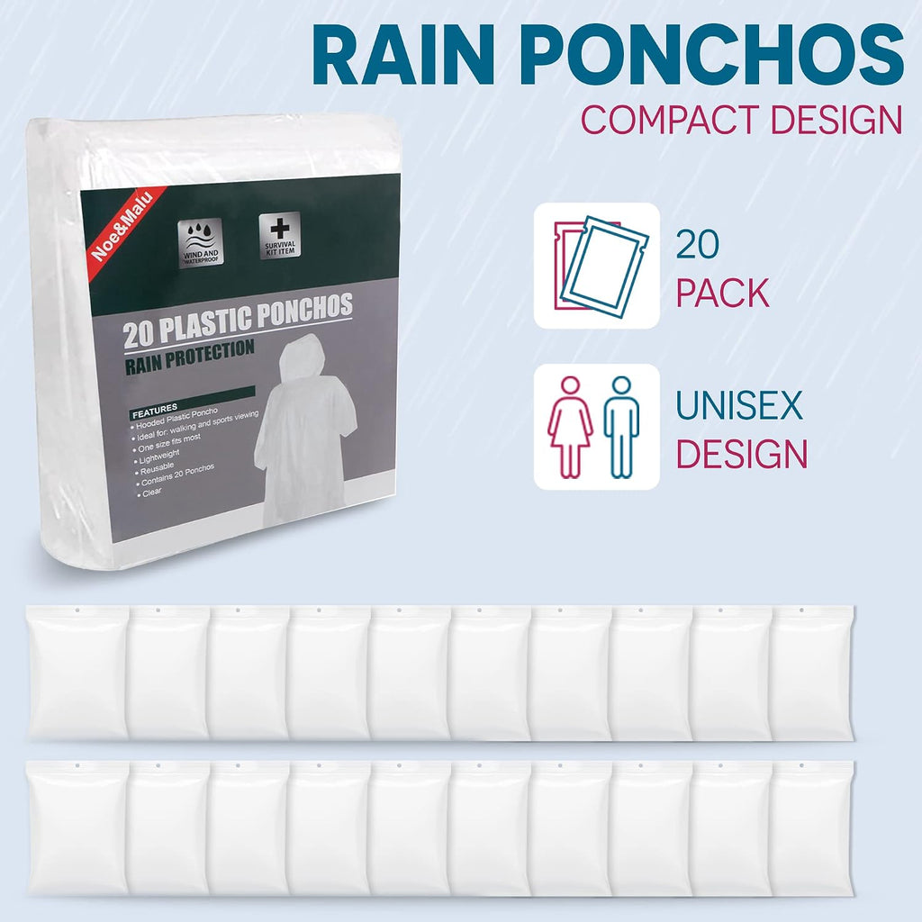 20-Pack Emergency Disposable Rain Ponchos For Adults – 100% Waterproof With Hood | Clear Lightweight Unisex Raincoats For Camping, Hiking & Travel