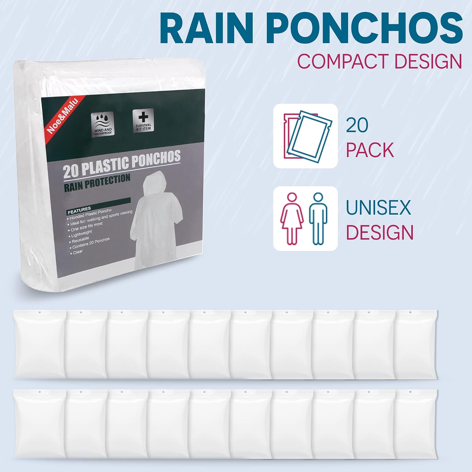 20-Pack Emergency Disposable Rain Ponchos For Adults – 100% Waterproof With Hood | Clear Lightweight Unisex Raincoats For Camping, Hiking & Travel