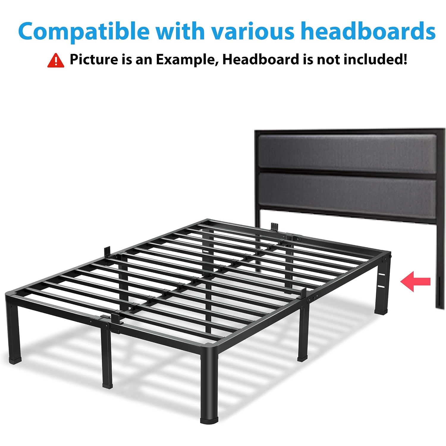 Vipshow 18 Inch Queen Bed Frame, 3500Lbs Heavy Duty Metal Platform With Round Corner Legs Mattress Slide Stopper, Steel Slat Support No Box Spring Needed, Noise Free, Non-Slip, Easy Assembly