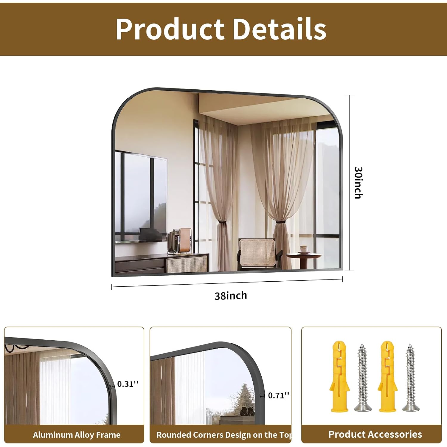 Black Arched Top Wall Mounted Mirror - 38 X 30 Inch Round Cruved Top Bathroom Vanity Mirror, Aluminum Metal Framed, Home Decor For Living Room, Bedroom, Fireplace, Mantle, Entryway