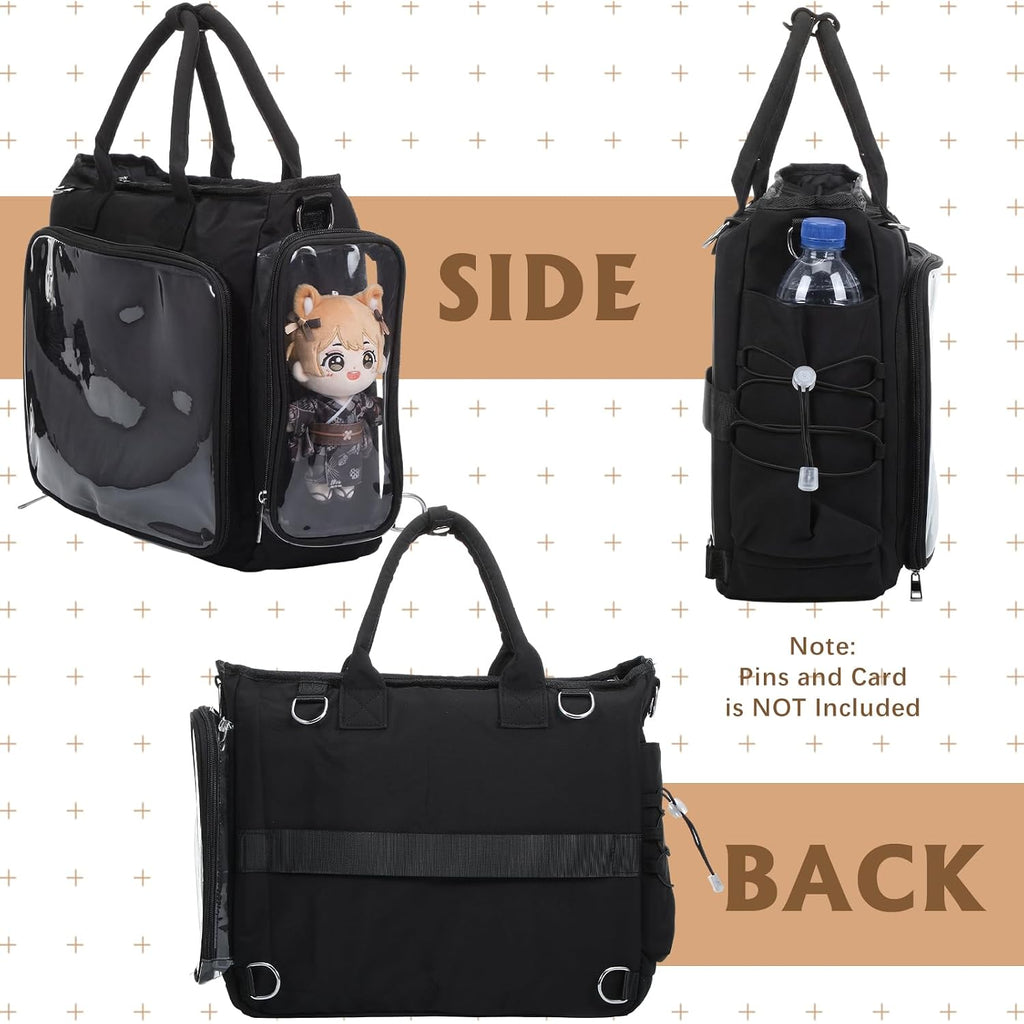 Large Ita Backpack Shoulder Tote Bag Crossbody Handbags Kawaii Black Ita Purse With Clear Pvc Insert For Pin Display Kpop Fan Anime (Pins Not Included)