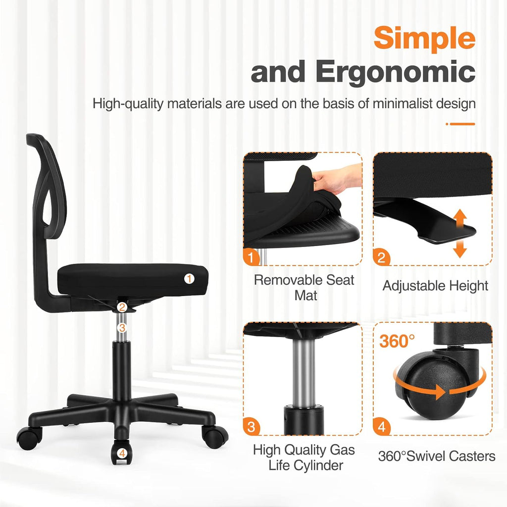 Sweetcrispy Small Office Desk Chair, Ergonomic Low-Back Mesh Rolling Work Swivel Chairs with Wheels, Armless Comfortable Seat Lumbar Support for Home, Bedroom, Study, Student, Adults,Classic Black