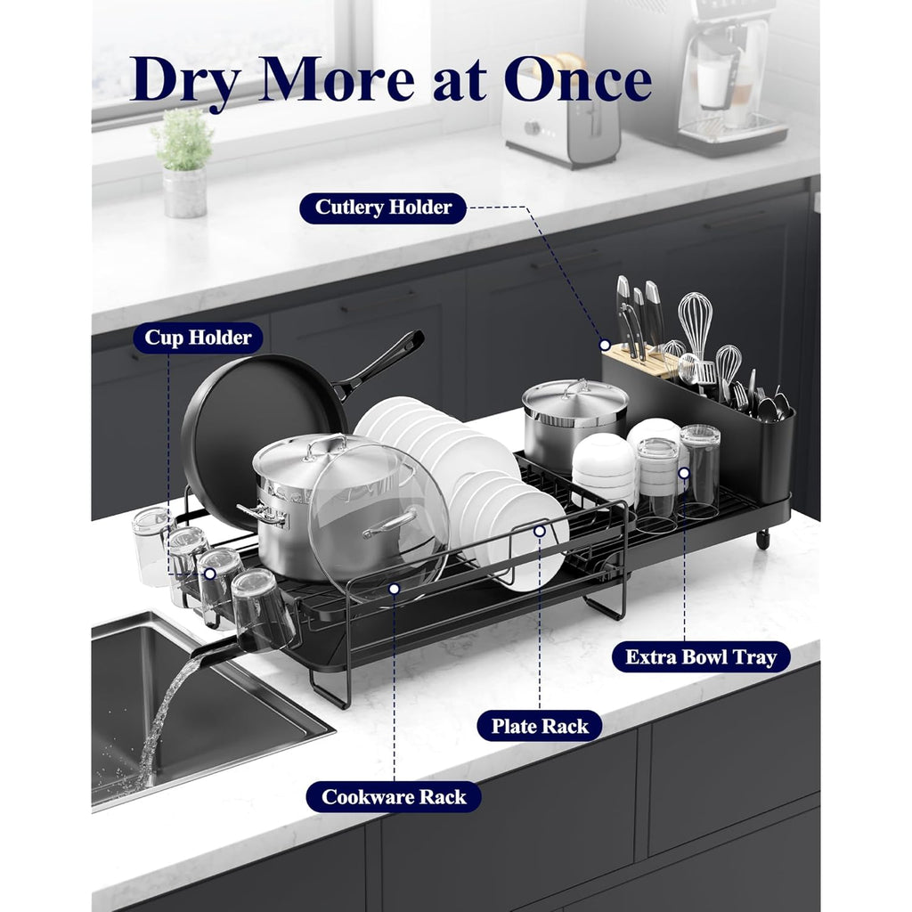 Kitsure Large Dish Drying Rack - Extendable Dish Rack, Multifunctional Dish Rack for Kitchen Counter, Anti-Rust Dish Drainers with Cutlery & Cup Holders 19.2"-26.7" L x 12.9" W, Black