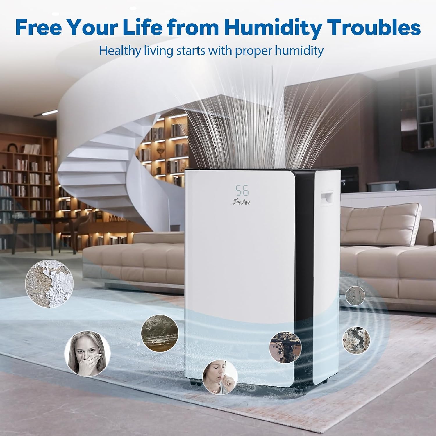 Freaire 54Pint Dehumidifier For 4500Sq.Ft, Compressor Dehumidifiers For Home, Front Humidity Value Display&Quiet Dehumidifier For Basement, Bedroom, Bathroom, With Drain Hose, 1.13 Gallon Water Tank