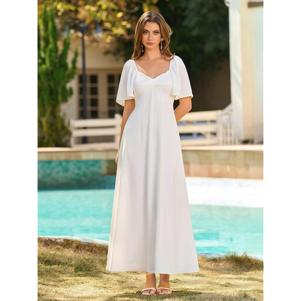 Kutumai Summer Maxi Dresses For Women 2026 V Neck Short Sleeve Bow Tie Flowy Long Formal Wedding Guest Dress With Pockets