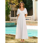 Kutumai Summer Maxi Dresses For Women 2026 V Neck Short Sleeve Bow Tie Flowy Long Formal Wedding Guest Dress With Pockets