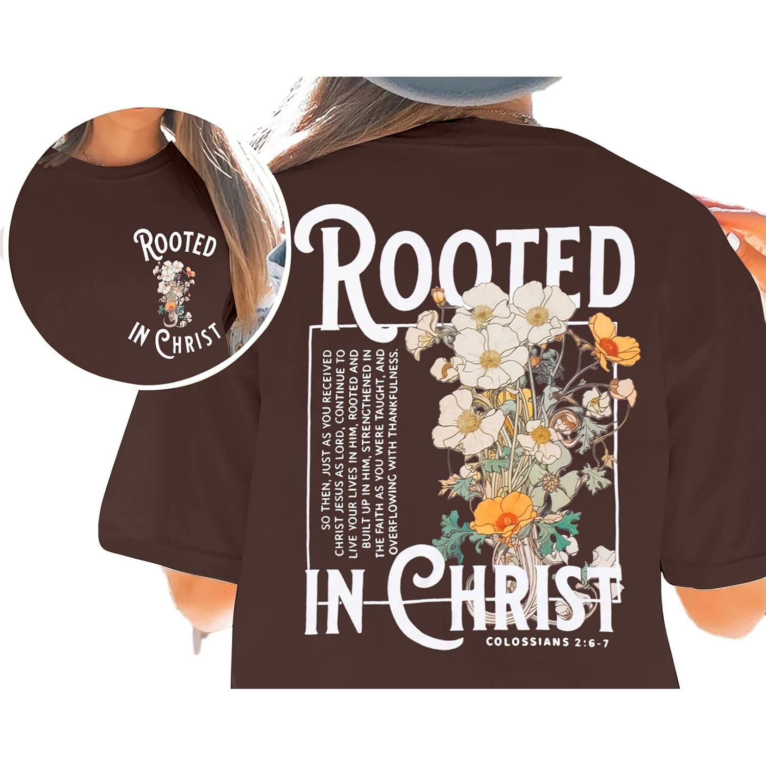 Rooted in Christ Shirt Christian Shirts for Women Jesus Oversized Tshirt Bible Verse Graphics Tees Tops Brown