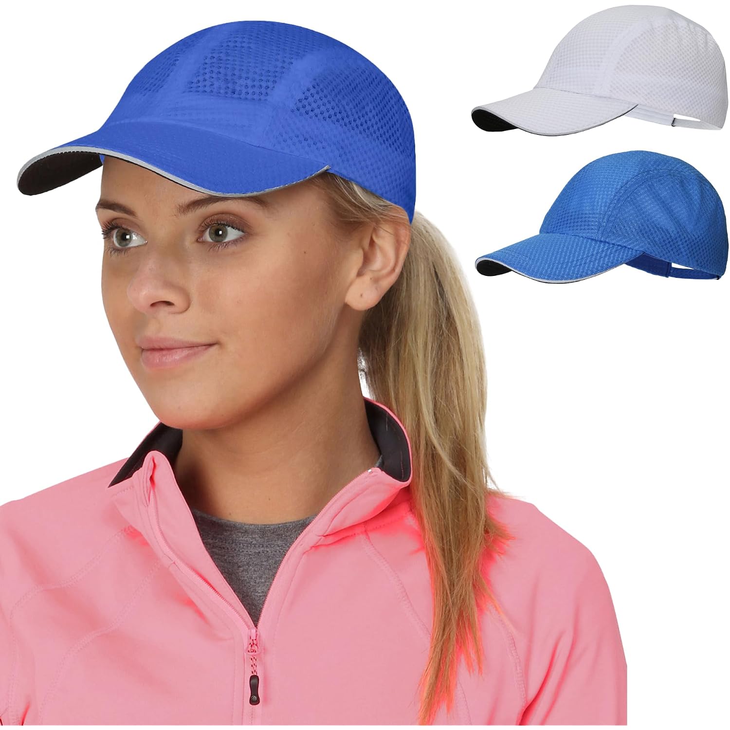 TrailHeads Women's Race Day Performance Running Cap, Lightweight & Quick Drying Mesh Sports Hat with Reflective Trim White-cool Blue