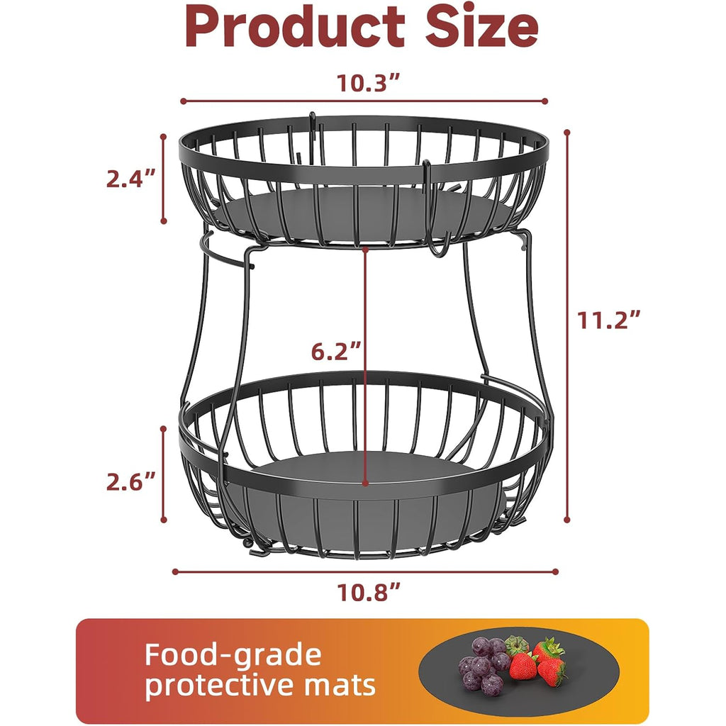 Sevenblue 2 Tier Large Fruit Basket for Kitchen Counter with 2 Banana Hangers, Metal Stackable Fruit Bowl for Kitchen Counter for Bread Vegetable Fruits, Black
