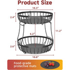 Sevenblue 2 Tier Large Fruit Basket for Kitchen Counter with 2 Banana Hangers, Metal Stackable Fruit Bowl for Kitchen Counter for Bread Vegetable Fruits, Black